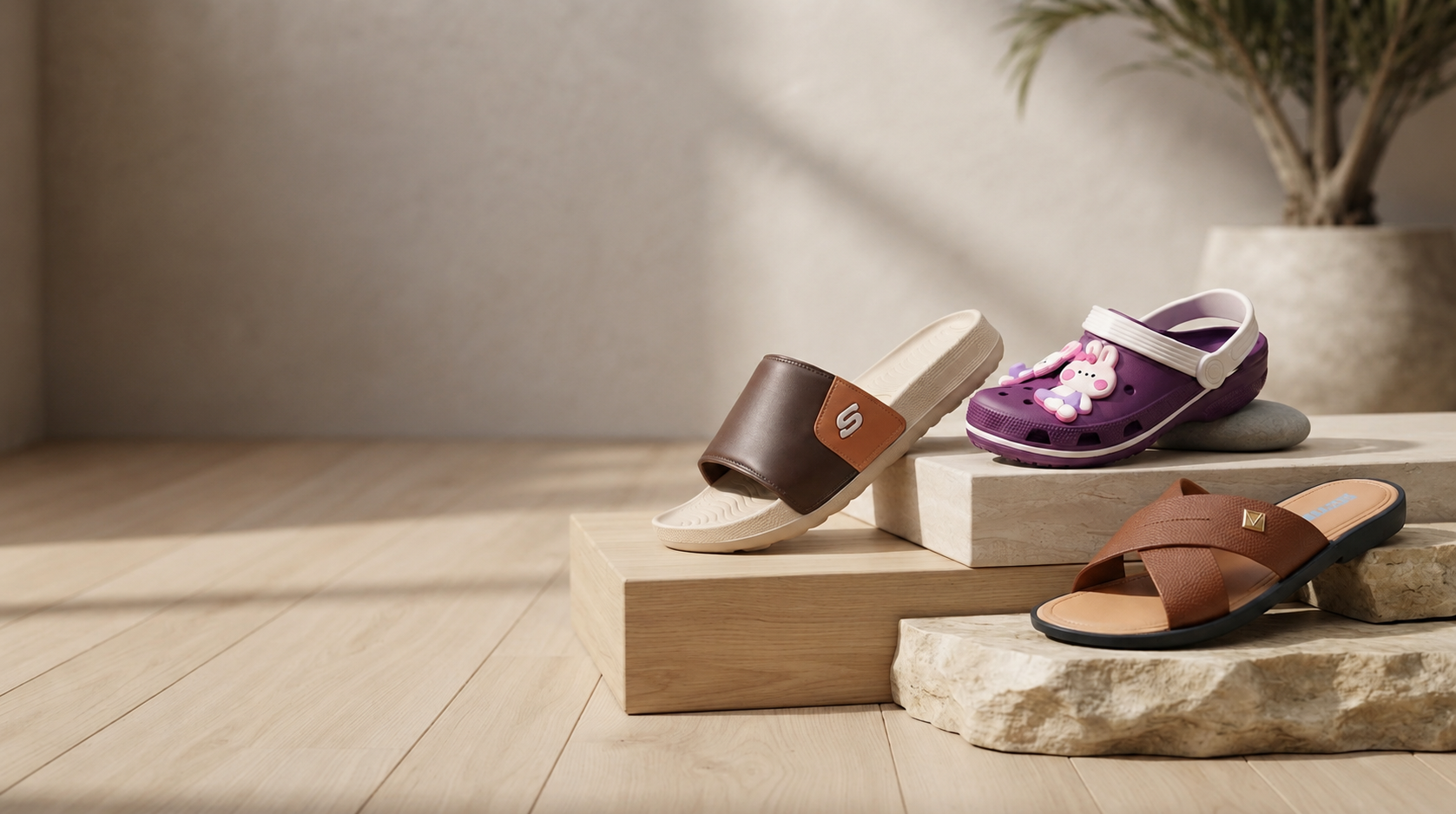 Walkena slides and slippers on wood and stone